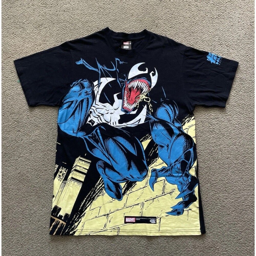 HUF x Marvel Venom T-Shirt Mens M Black Comic Graphic Concepts AOP